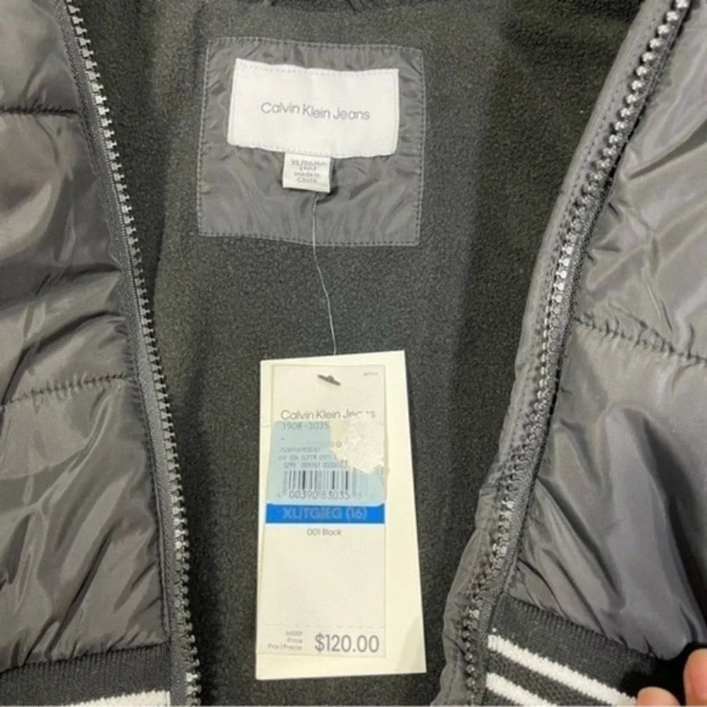 Calvin Klein girl Hooded Black Puffer Jacket With Fleece Lining Down Size XL/16